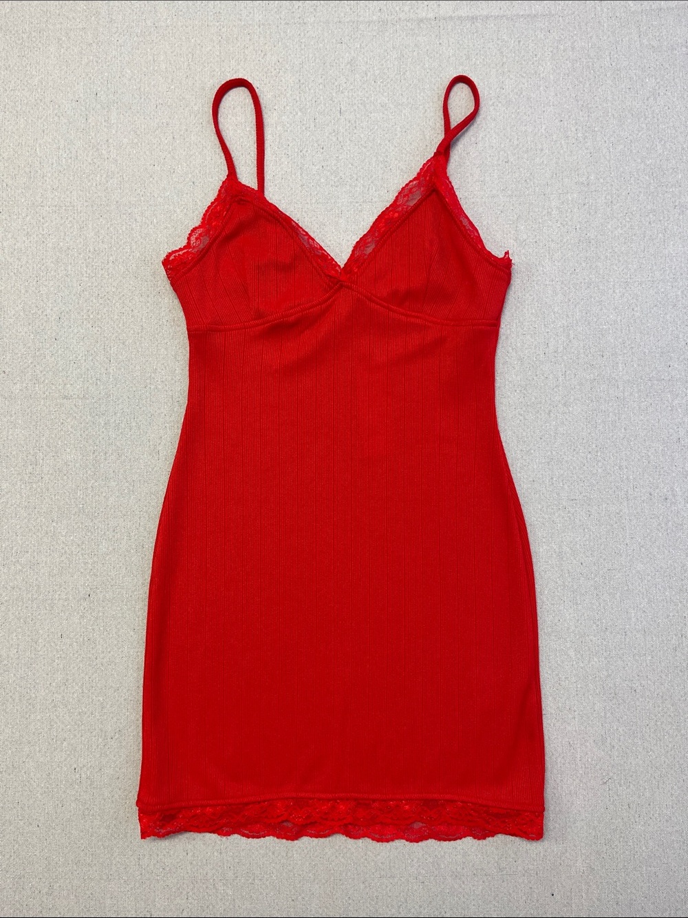 NWT Urban Outfitters Red Lace Trim Ribbed Cami Mini Dress Adjustable Straps M
